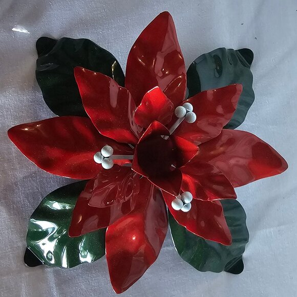 Vtg DEPT 56 3.25" H x 7" Poinsettia Candle Holder Enameled Red & Green Leaves - Picture 2 of 5